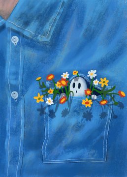 A colorful painted artwork on blue denim fabric depicting flowers in a chest pocket with a small white cartoon face peeking out from the blooms.