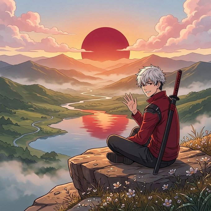 An anime-style illustration of a silver-haired character with a sword sitting on a cliff overlooking a river valley at sunset.