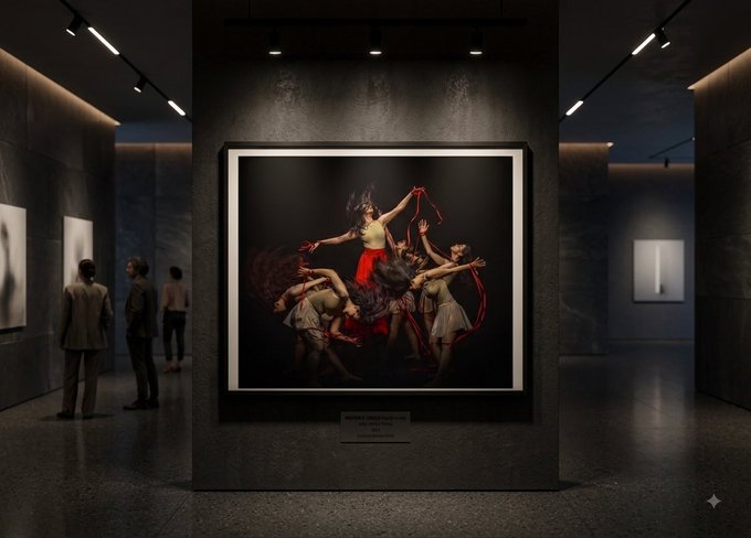 A photograph of an art gallery interior displaying a large framed artwork of dancing figures with red ribbons, titled 'Desolation', 'Loneliness', and 'Suffering'.