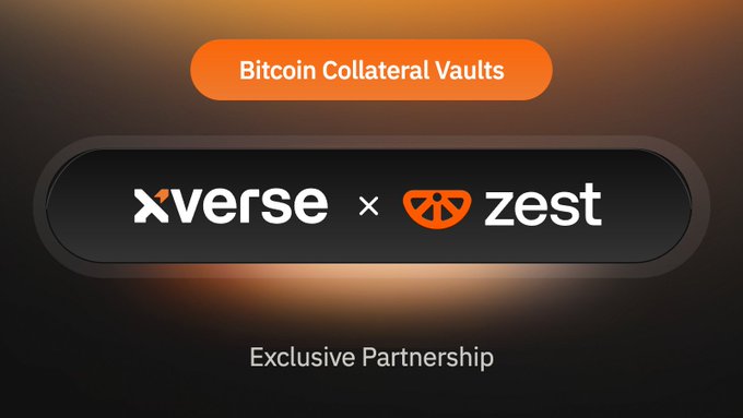 A promotional graphic announcing an exclusive partnership between Xverse and Zest Protocol for "Bitcoin Collateral Vaults," featuring both company logos on a dark background with orange accents. The image visually reinforces the announcement of Xverse becoming the exclusive BTC wallet partner for borrowing USDC against Bitcoin collateral.