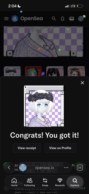 A smartphone screenshot of the OpenSea app showing a successful NFT purchase confirmation that reads "Congrats! You got it!" with an anime-style character displayed on a transparent background.