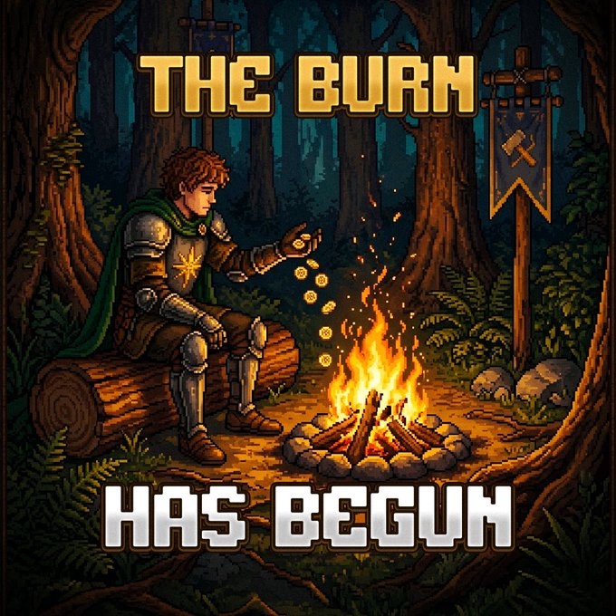 A knight in armor sits by a campfire in a forest, tossing glowing coins into the flames. The image reads "THE BURN HAS BEGUN" in bold text, symbolizing the start of a $15 giveaway where users engage and drop their Solana wallet addresses.