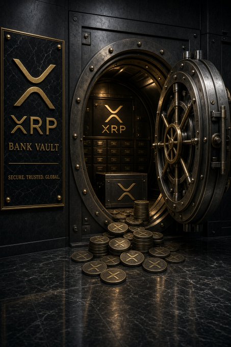 A luxurious bank vault scene featuring an XRP (Ripple) crypto vault with a sign reading 'XRP BANK VAULT - SECURE. TRUSTED. GLOBAL', stacks of safety deposit boxes, and gold XRP coins spilling out of an open circular vault door.