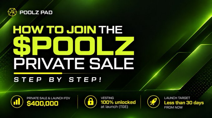 A promotional graphic for the Poolz Pad with a green and black color scheme, headlined "How to Join the $POOLZ Private Sale — Step by Step!" and highlighting a $400,000 launch FDV, 100% unlocked vesting at TGE, and a launch target of less than 30 days away. The banner accompanies a guide instructing users to visit poolzpad.com/presales/poolz to review sale details and prepare a decentralized wallet like MetaMask or Trust Wallet with USDT/USDC on the Ethereum network before participating.