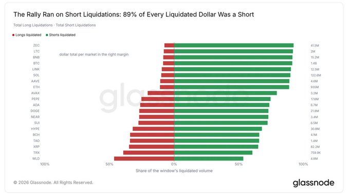 A Glassnode chart titled 'The Rally Ran on Short Liquidations: 89% of Every Liquidated Dollar Was a Short,' displaying the share of longs (red) and shorts (green) liquidated for various cryptocurrencies like ZEC, LTC, and BTC.