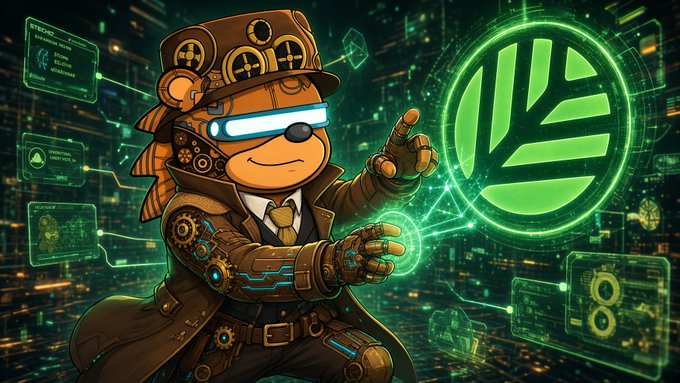 A steampunk-stylized monkey mascot wearing glowing blue visor goggles and a top hat conjures a bright green circular emblem, while holographic data panels and a digital network background reinforce the futuristic, tech-driven aesthetic. The image visually echoes the post's theme of AI-built apps needing a stable, decentralized infrastructure like Canopy (CNPY) to thrive, with the mascot's confident pose and glowing emblem symbolizing the empowering, "vibe up" control Canopy offers developers over their creations.