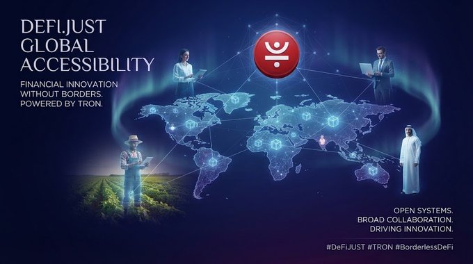 A promotional graphic titled 'DEFI, JUST GLOBAL ACCESSIBILITY' for 'FINANCIAL INNOVATION WITHOUT BORDERS. POWERED BY TRON,' showing a world map with illustrated users and the hashtags #DeFiJUST #TRON #BorderlessDeFi.