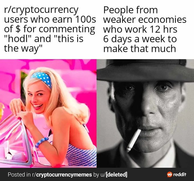 A Reddit meme from r/cryptocurrencymemes comparing two lifestyles with text contrasting r/cryptocurrency users who earn hundreds of dollars for commenting 'hodl' and 'this is the way' (shown with a blonde woman in a pink convertible) versus people from weaker economies working 12 hours, 6 days a week to earn that much (depicted as a man in a fedora smoking).