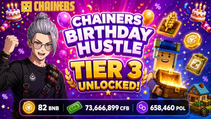 The image features a poster for a video game called "Chains Birthday Hustle" with a woman wearing glasses standing next to a banner that says "Happy Birthday @ChainsGame!". The banner also includes various items such as cakes, balloons, and other decorations related to the game's theme. The text on the poster highlights an achievement in the form of a milestone reached by the players who contributed to the game's success through farming, grinding, and staying active.