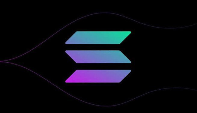 A stylized three-bar logo in gradient teal, blue, and purple colors on a black background with subtle wavy lines, resembling the Solana cryptocurrency logo.