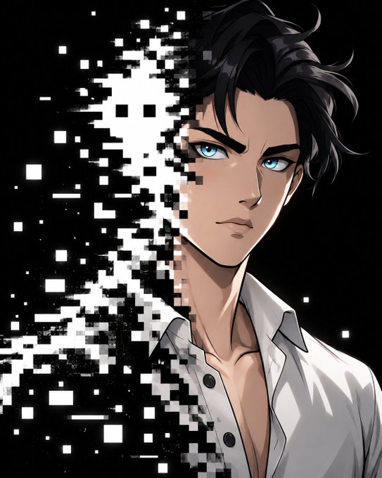 An anime-style illustration of a young man with black hair, striking blue eyes, and an open white collared shirt, set against a black background with white pixelated blocks dissolving on the left side of his face.