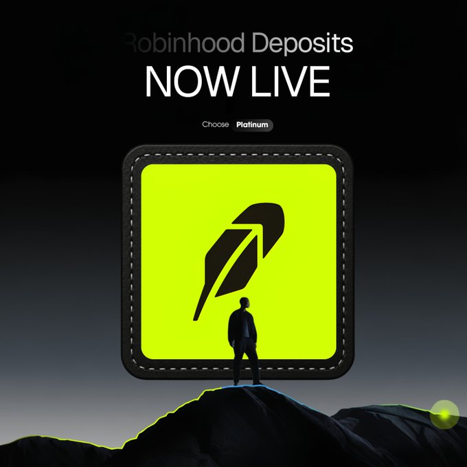 The image announces "Robinhood Deposits NOW LIVE" with a "Platinum" selection tag, featuring a silhouetted figure standing on a rocky peak facing a large green Robinhood feather logo. It visually reinforces the post's message about new live integration, symbolizing reaching a milestone by enabling ETH and USDG deposits on Robinhood Chain directly into XPlace accounts.