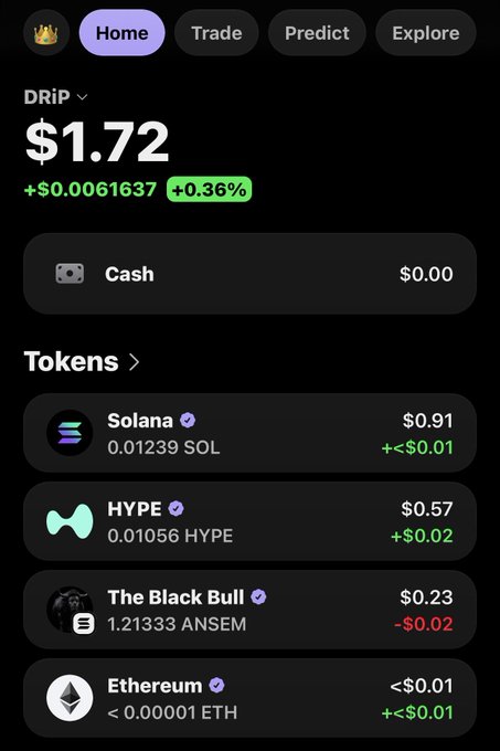 A cryptocurrency portfolio app screenshot showing a total balance of $1.72 (+0.36%), with holdings in Solana ($0.91), HYPE ($0.57), The Black Bull/ANSEM ($0.23), and Ethereum.