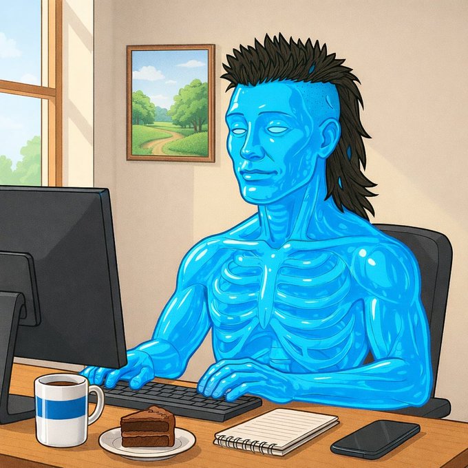 A cartoon illustration of a blue-skinned, muscular humanoid figure with dark spiky hair working at a computer desk with a coffee mug, chocolate cake, notebook, and phone.