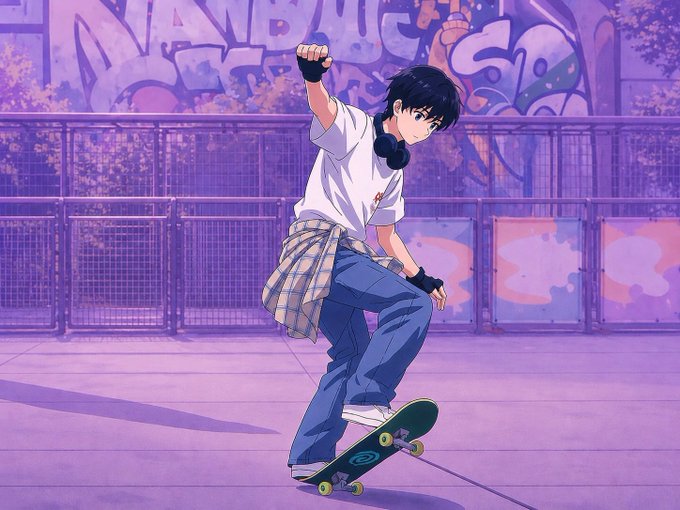 A young anime boy in a white t-shirt, blue jeans, and headphones performs a trick on a skateboard in a purple-hued skatepark covered in graffiti. The energetic, youthful vibe of the image matches the upbeat "gm frens tgif" sentiment—capturing that Friday excitement and carefree weekend energy.