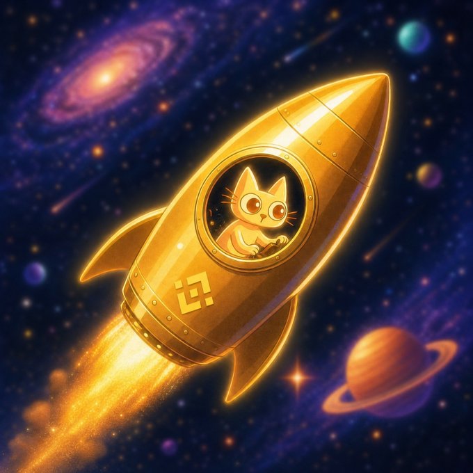 Digital illustration of an orange cat riding inside a golden rocket ship soaring through a cosmic space scene with galaxies, planets, and stars.