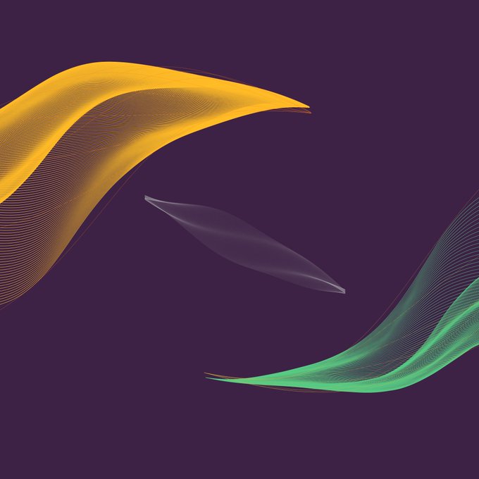 A digital artwork titled "Convergence" featuring flowing, abstract wave-like ribbons in vibrant orange, deep purple, and mint green set against a dark purple background, available as an NFT on the Tezos blockchain via objkt.com.