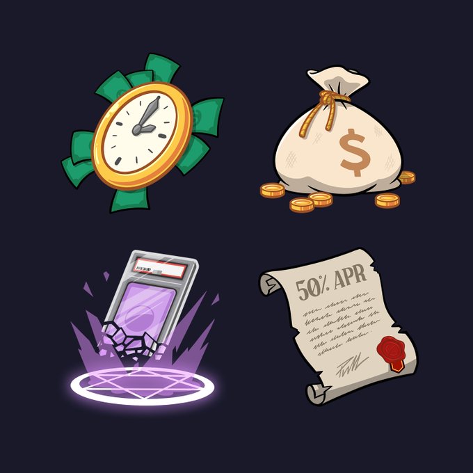 Four illustrated game icons on a dark background: a clock with green money leaves, a sack of gold coins, a glowing portal over purple crystals, and a scroll contract detailing a '50% APR'.