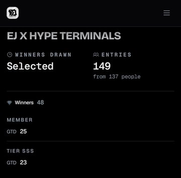 The image shows an Hype Terminals winner selection screen displaying 48 winners drawn from 149 entries (137 people), with prize tiers including "MEMBER GTD 25" and "TIER SSS GTD 23." It visually confirms the collaboration with Emperor Journal referenced in the post, showcasing the winning results of the mint where entry prices ranged from 0.02-0.025 HYPE with winners receiving approximately 0.88 HYPE.