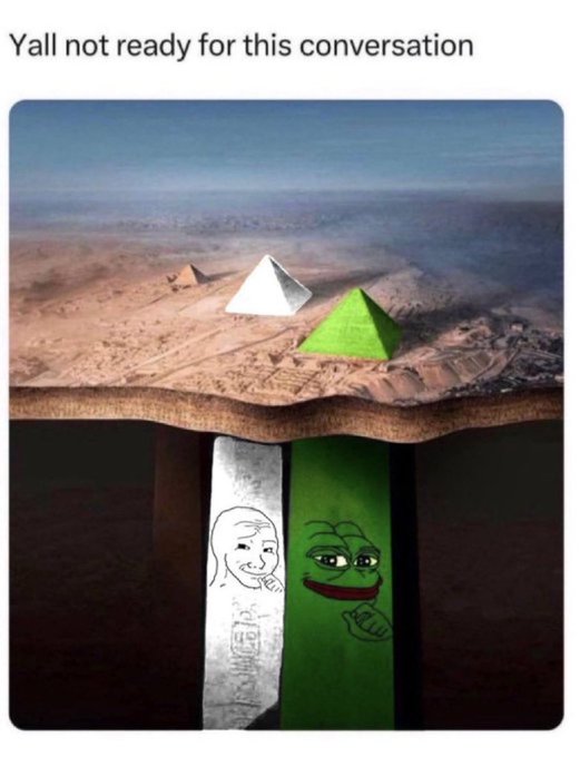 A meme showing an aerial view of the Egyptian pyramids with the text 'Yall not ready for this conversation' at the top, and below the ground, cartoon faces of a woman and Pepe the Frog are depicted on the underground extensions of the pyramids.