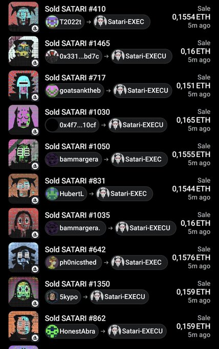 A list of NFT sales showing 'Sold SATARI' transactions to Satari-EXECU and Satari-EXECU wallets, with prices ranging from 0.151 to 0.165 ETH.