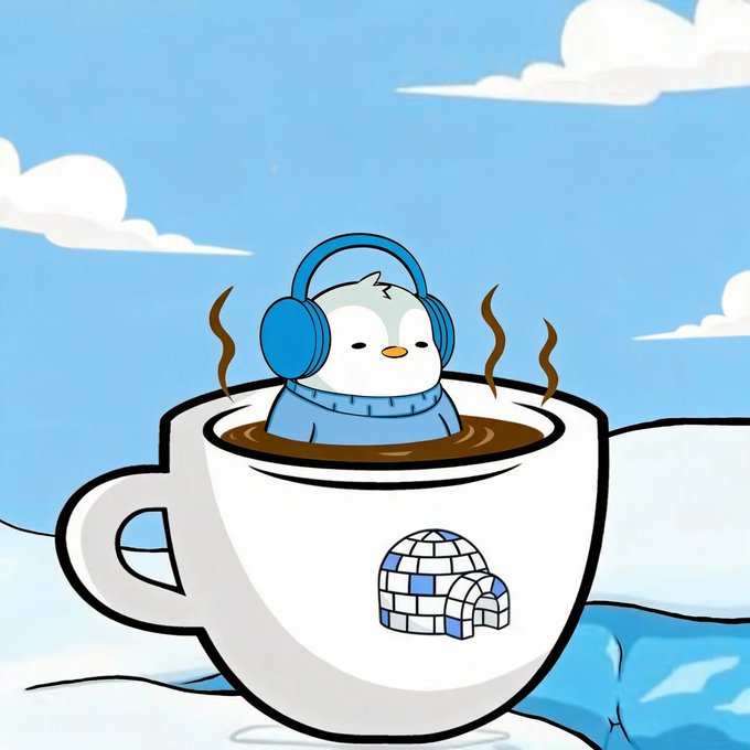 A cartoon illustration of a penguin wearing blue headphones and a blue sweater sitting in a steaming coffee cup with an igloo design on it, against a sky background.