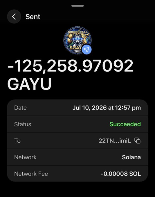 A screenshot of a successful Solana transaction showing a send of -125,258.97092 GAYU to a recipient address on July 10, 2026. The image serves as proof of a large $GAYU transfer, supporting the post's claim of doubling one's $Gayu investment.