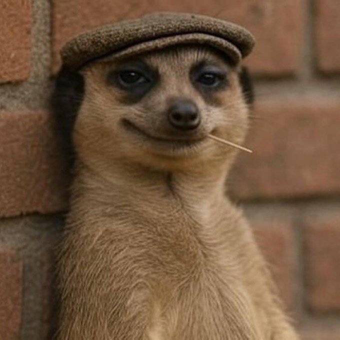 The image features a brown and white animal, possibly a meerkat or a squirrel, wearing a hat and smiling at the camera while standing against a brick wall. The caption of the image reads "Good evening. you cannot buy true skill. but you can absolutely sleep your way to the top of the @sleepagotchi rankings and i am living proof. every minute of quality rest pushes me higher up the ladder. I track it. I protect it."
