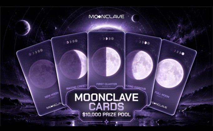 Five glowing purple tarot-style cards depicting different moon phases (New Moon, Waxing Crescent, First Quarter, Waxing Gibbous, Full Moon) are displayed against a cosmic background with "MOONCLAVE CARDS" and "$10,000 PRIZE POOL" text.
