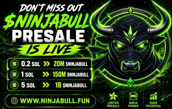 A promotional graphic for the $NINJABULL crypto presale features a glowing green neon bull with horns alongside tiered exchange rates: 0.2 SOL for 20M tokens, 1 SOL for 150M tokens, and 5 SOL for 1B tokens, directing buyers to ninjabull.fun with the Solana contract address N1NzYJrbggvABc17y6MEUt37zZduESKSyuEZnh2AwgP. The ad emphasizes "Limited Presale," "Ninja Power," and "Huge Potential" while echoing the post's message not to miss out.