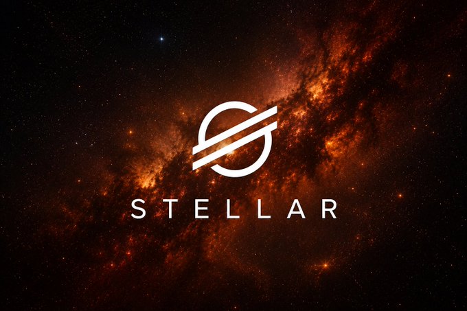 A Stellar (XLM) logo is centered against a fiery orange cosmic nebula background, with "STELLAR" written beneath the iconic Saturn-like symbol, visually reinforcing the post's message about directing listing fees into $XLM liquidity to strengthen the network's ecosystem.