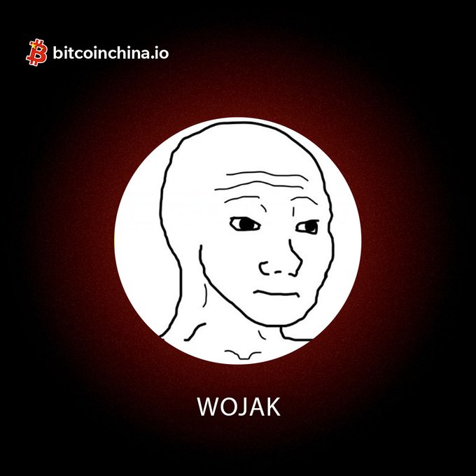 The classic 'Wojak' meme face is displayed in a white circle on a dark red background, with the bitcoinchina.io logo in the corner.