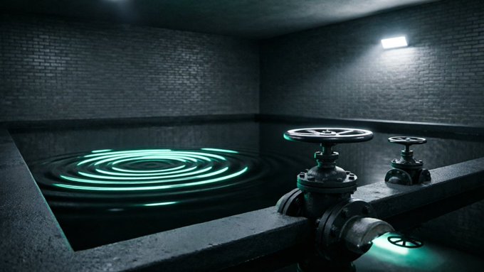 A dark, atmospheric 3D scene of an industrial water tank with glowing cyan ripples on the liquid surface and large valves in the foreground.