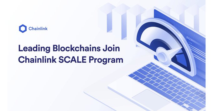 A promotional banner features the Chainlink logo and the text 'Leading Blockchains Join Chainlink SCALE Program' alongside an illustration of a speedometer on a laptop.