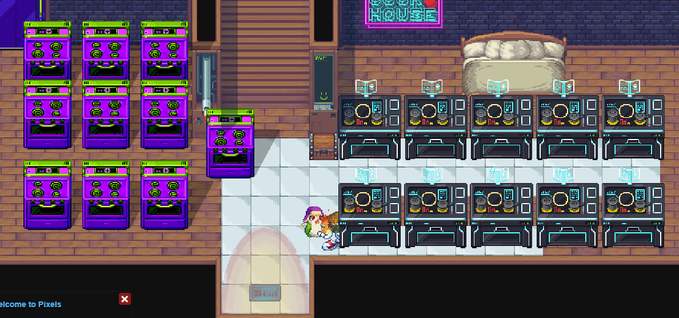 A pixel art character stands in an arcade-like room filled with rows of purple claw machines and food stalls, showcasing the supporter lands and guild setup mentioned in the post, with "Welcome to Pixels" text visible in the corner.