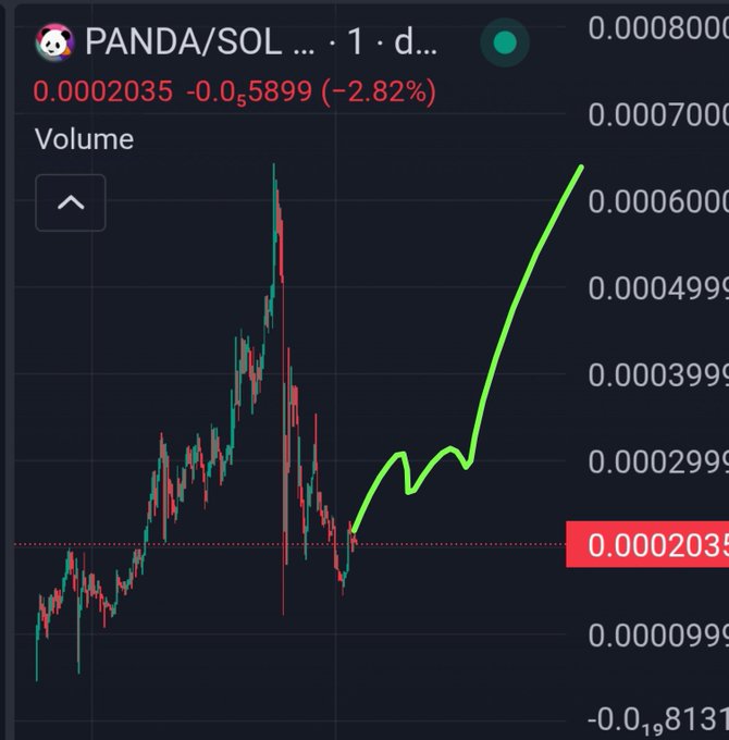 A trading chart for the PANDA/SOL pair shows a current price of 0.0002035 SOL with a -2.82% decline, featuring a green line tracing a predicted upward price trend.