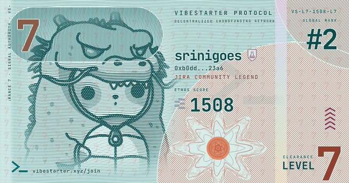 A stylized 'VIBESTARTER PROTOCOL' membership card featuring a cartoon character, labeled 'srinigoes' with an 'ETHOS SCORE' of 1508, marked as 'JIRA COMMUNITY LEGEND' and 'GLOBAL RANK #2'.