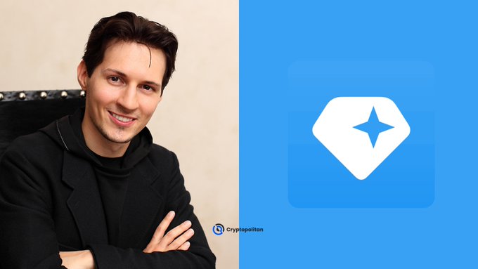 A split image showing a smiling man in a black blazer on the left and a blue app icon with a white diamond/star logo on the right, watermarked 'Cryptopolitan'.