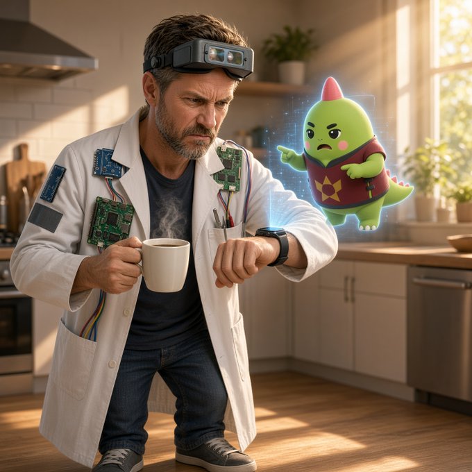 A tired scientist/engineer in a lab coat covered in circuit boards, wearing an AR headset and checking his smartwatch, is confronted by an angry green holographic creature pointing accusingly at him as he clutches a steaming coffee mug. The image humorously illustrates the post's theme of having a wearable report biometric data like HRV, yet still needing human interpretation or a "project" to translate those raw numbers into actionable health decisions.