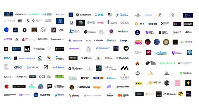 The image features a large grid of logos from various companies, all displayed against a white background. The text "NEW: 200+ US crypto firms including Coinbase, Binance, Circle signed a joint letter urging Senate leaders to advance the CLARITY Act." is present in the image as well. This suggests that there might be an event or gathering related to cryptocurrency and blockchain technology, where these companies have come together to discuss and promote their ideas for clarity and regulation within the industry.