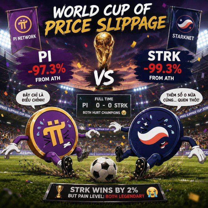 A meme titled 'WORLD CUP OF PRICE SLIPPAGE' comparing PI Network (-97.3% from ATH) vs Starknet/STRK (-99.3% from ATH), showing cartoon coin characters playing soccer with a final score of 0-0 and text reading 'STRK WINS BY 2% BUT PAIN LEVEL: BOTH LEGENDARY'.