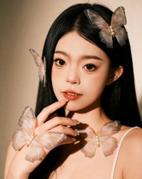 A young woman with long dark hair poses with delicate butterflies resting on her hair and hand, her softly lit portrait evoking a dreamy, ethereal mood that complements the celebratory "blowing out candles" post, suggesting a graceful, quiet birthday moment.