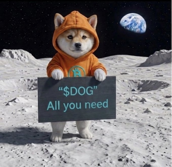 An AI-generated image of a Shiba Inu dog wearing an orange hoodie standing on the moon's surface, holding a sign that reads '$DOG All you need' with Earth visible in the background.