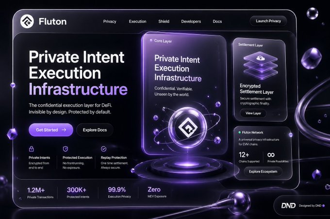 The image shows a website for a project called @FlutonIO that focuses on private execution infrastructure. It has a purple background with white text and includes a detailed explanation of the project's purpose, features, and benefits. The image also contains a small black ball in the center, which is a symbol often associated with blockchain technology. The post about this project aims to educate people about the concept of DeFi and how it can be used for various purposes such as speed, alpha testing, and more.