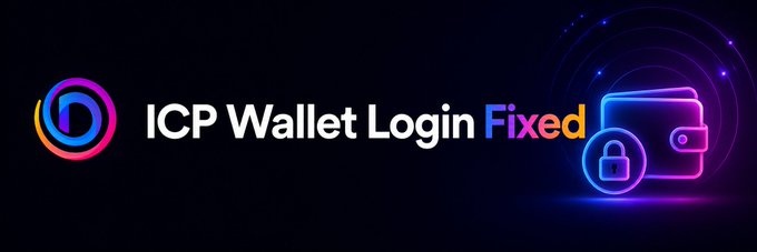 The image features a banner with the text "ICP Wallet Login Fixed" written above a picture of a wallet. The background of the image is dark, which contrasts with the colorful wallet logo. The caption below the image reads "To everyone who' s been waiting - thank you We know the ICP wallet login issues following the network upgrade have been frustrating, especially for our longtime community members. After months of work behind the scenes, we've fixed it".