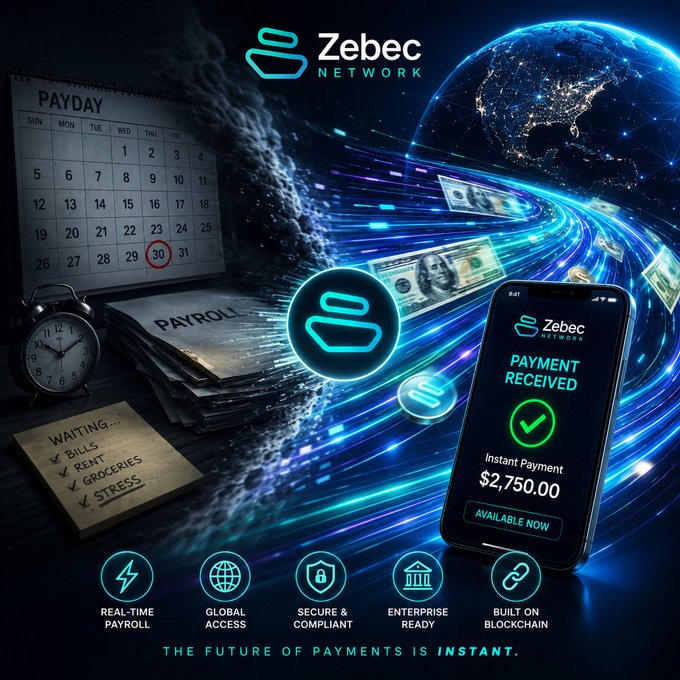 A Zebec Network advertisement emphasizing real-time payroll, showing a smartphone displaying 'PAYMENT RECEIVED, $2,750.00' alongside a calendar, cash, and a 'WAITING...' checklist, with the tagline 'THE FUTURE OF PAYMENTS IS INSTANT.'