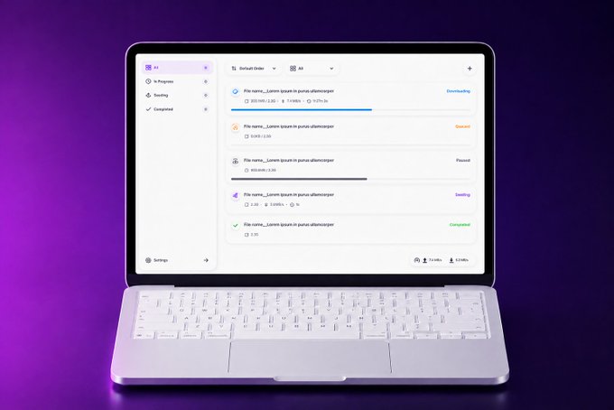 A laptop on a purple background displays a download manager interface with several 'File name' entries showing statuses like Downloading, Queued, Paused, Seeding, and Completed.