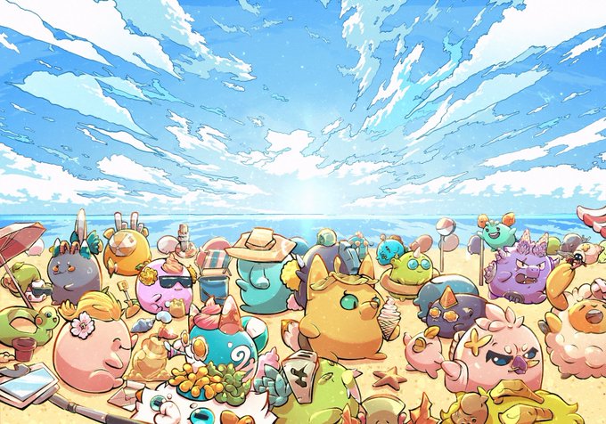 A vibrant beach scene features a large group of colorful Axie characters enjoying a sunny day by the ocean, with some wearing sunglasses and hats while lounging in the sand. The illustration captures the lively summer atmosphere referenced in the spotlight, showcasing community artist @0xJack0ftrades' playful take on the Axie universe.