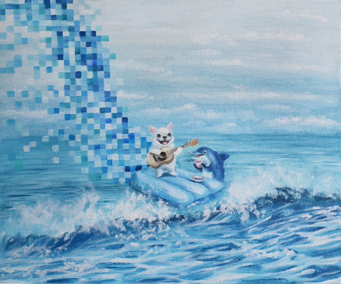 A whimsical painting of a white dog playing a guitar and a dolphin surfing on a wave, with a pixelated blue tornado or water spout rising from the ocean.