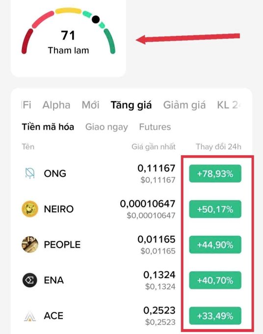 The image shows a cryptocurrency tracking interface with a "Fear & Greed" indicator reading 71 ("Tham lam" / Greedy), and a list of top gainers under the "Tăng giá" (Price Up) tab showing tokens like ONG (+78.93%), NEIRO (+50.17%), PEOPLE (+44.90%), ENA (+40.70%), and ACE (+33.49%) — highlighting the pumps referenced in the post while the greed index underscores the FOMO-fueled rally.